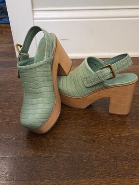 Charlotte Stone Mint Green Croc-Embossed Platform Slingbacks